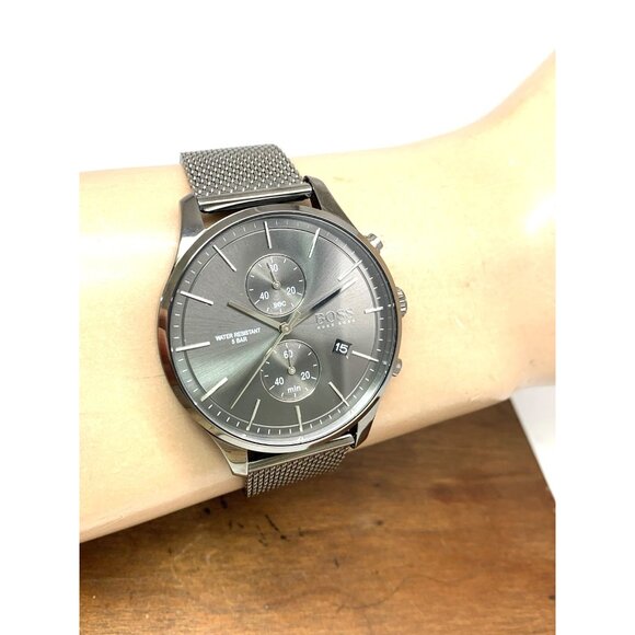 Hugo Boss Men's Watch 1513870 Quartz Chronograph Gray Dial Gunmetal Mesh Steel - Picture 10 of 13
